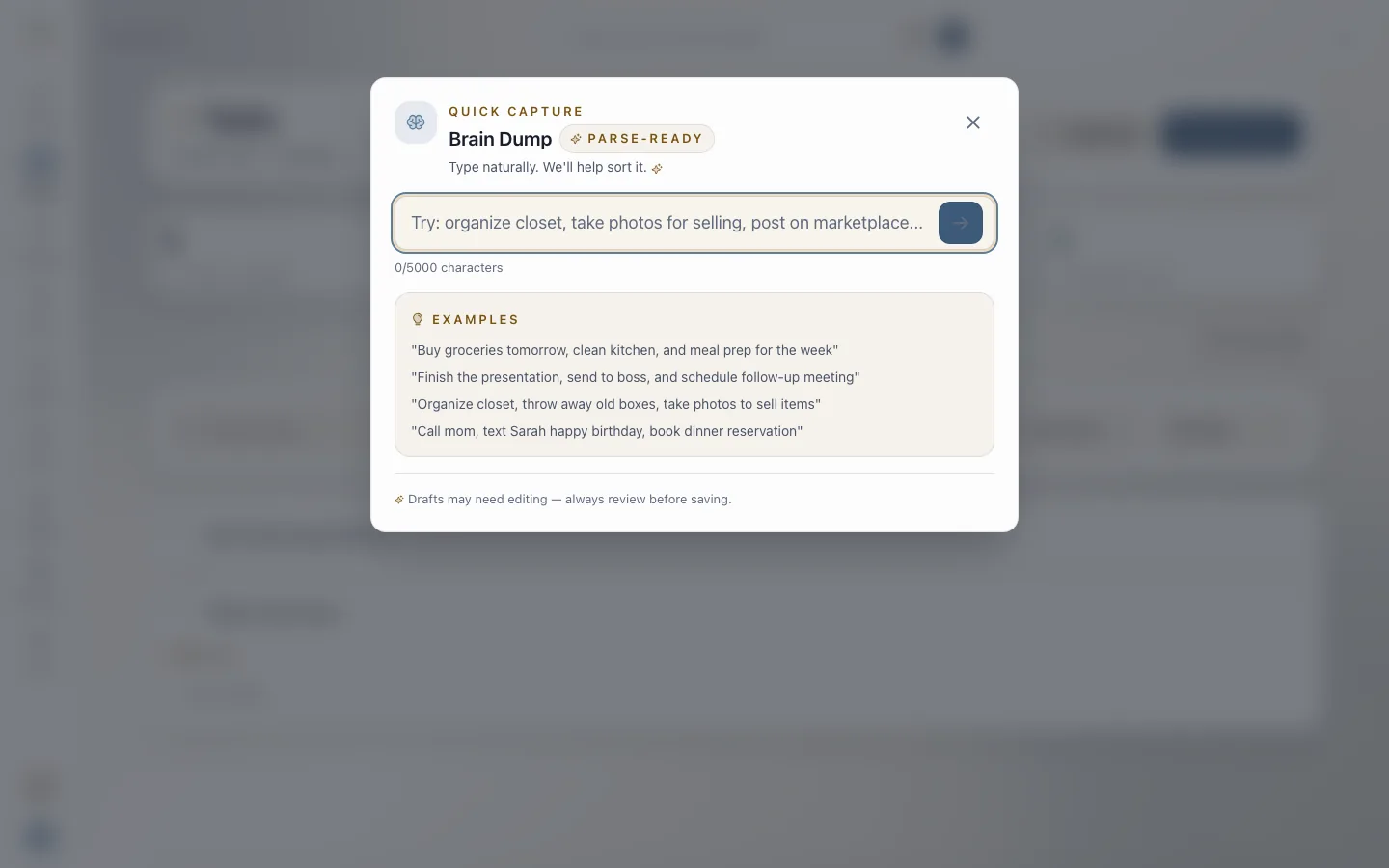 HelloYaYa Brain Dump turning an unstructured thought into parse-ready tasks